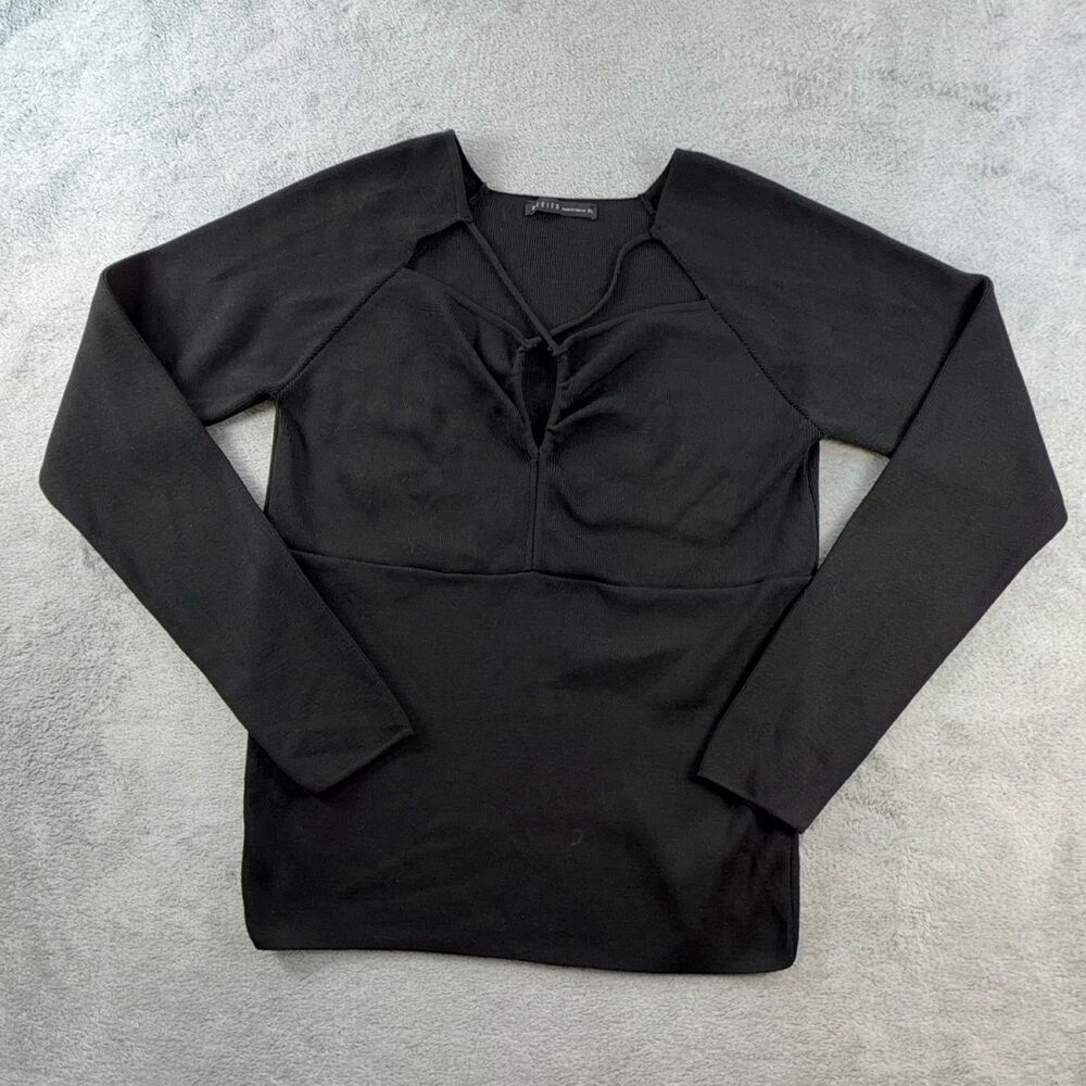 Mohito Women's Black Long Sleeve Blouse XL Knit Lace-Up Fitted Stretch Casual